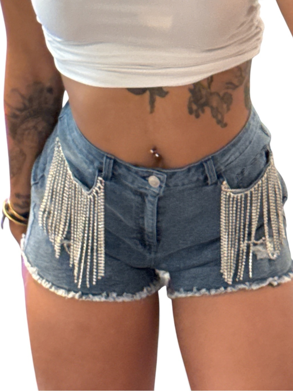 Altar'd State Blue Denim Shorts with Rhinestone Fringe